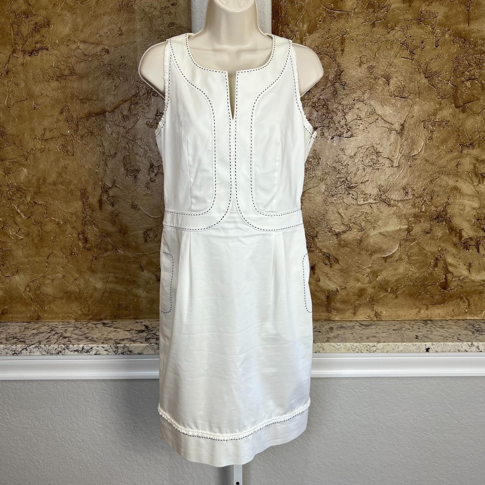 Paule Ka Sheath Dress Sz 40 US 8 Sleeveless‎ Contrast Stitching Split Neck White